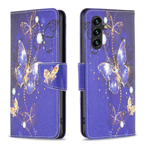 Луксозен кожен калъф тефтер стойка и клипс за Samsung Galaxy A14 5G SM-A146B син с нощна пеперуда 